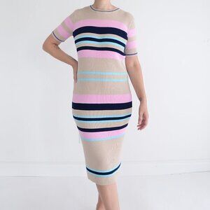 All Row Beige with Navy & Pink Stripe Bodycon Midi Short Sleeve Dress Medium